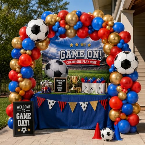 Image of Soccer Balloons, 12 Inch Red and Blue Metallic Gold Latex Balloons with Soccer Ball 4D Foil Balloon for Boys Kids Sport Theme Birthday Decorations Football Lover Men Party Baby Shower Decor Supplies