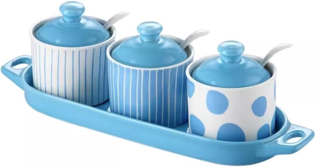 Salt and Sugar Container Sets 3pcs Spice Racks Ceramic Seasoning Box Set with Lid Spoon Tray Combination Home Kitchen Seasoning Sugar Salt Kitchen Counter,C