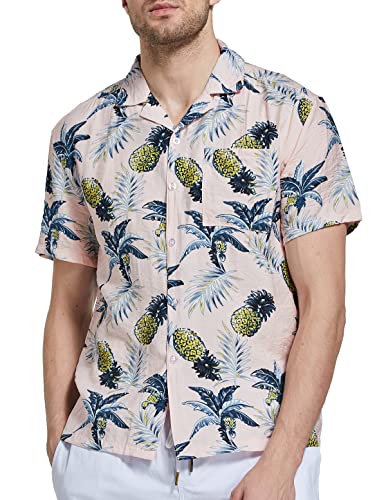 Janmid Mens Floral Hawaiian Shirts Short Sleeve Button Down Beach Shirts, Pink Pineapple, S