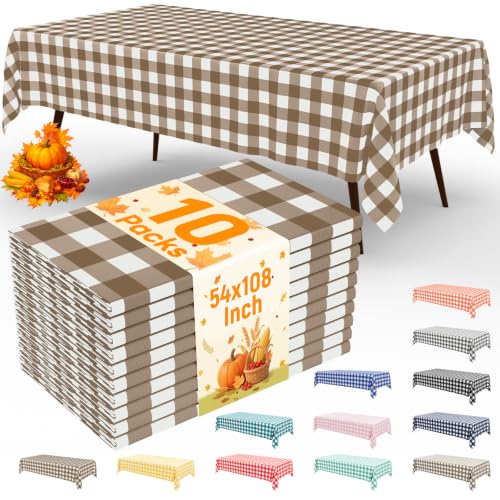 misaya 10 Packs Buffalo Disposable Table Cloth, 54 x 108 Inch Waterproof Plastic Tablecloth, Rectangle Brown and White Checkered Table Covers for Picnic, Birthday, Party