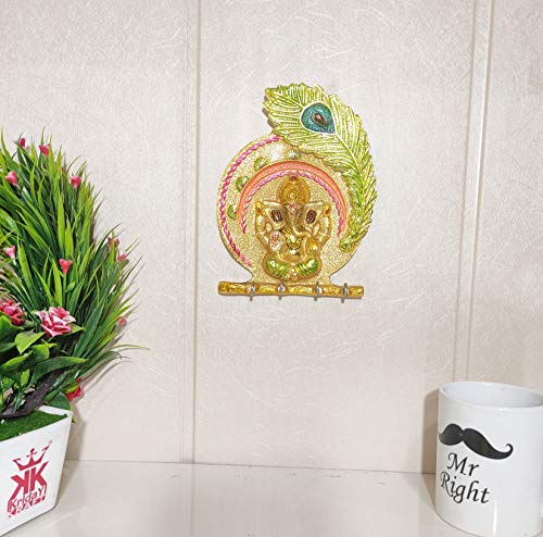 Image of KridayKraft Metal Ganesha ji Key Holder with Meena Work Decorative for Wall | Ganesh Statue /Religious | Idol /Wall Hanging (Ganesh Pankhi MENA)
