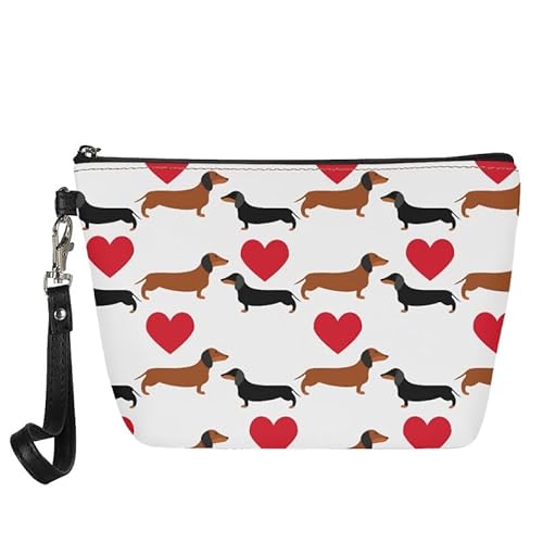 Borsa cosmetica da donna borsa da toilette da viaggio da bagno per pelle per trucchi e portamonete Cuori di cane bassotto Organizer per borse