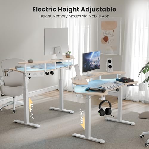 Image of EUREKA ERGONOMIC Aero 55 Inch W Shaped Electric Standing Desk, Height Adjustable Computer Gaming Desk with LED Monitor Shelf, Mouse Pad, Headphone Hook, Cup Holder, Natural Maple