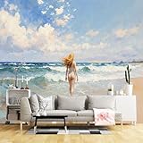 Murales de pared de tamaño personalizado, olas junto al mar, playa, verano, cielo, rubio, mujer, brisa del océano, escena artística de pintura, tela de pared autoadhesiva (sin PVC), papel tapiz grande