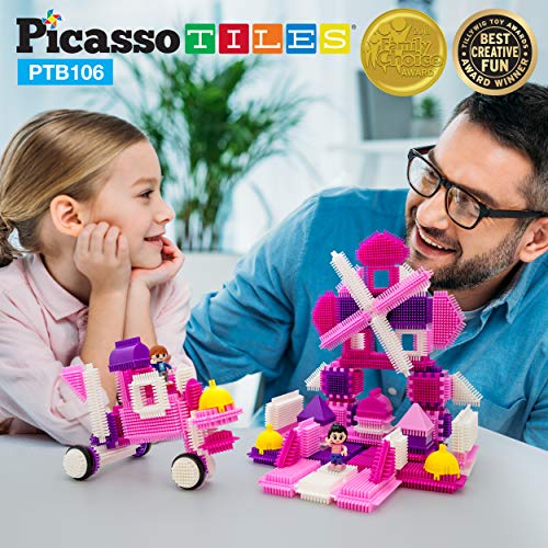 PicassoTiles PTB106 106pcs Bristle Lock Building Blocks Tiles Pink Castle Theme Set w/