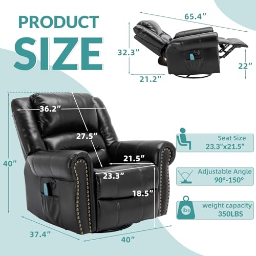 MEETWARM Massage Swivel Rocker Recliner with Heat and Vibration, Manual Glider Rocking Recliner Chair, 360°Swivel Lounge Reclining Chair with Remote Control/USB Ports for Living Room(Black) - Thumbnail 2
