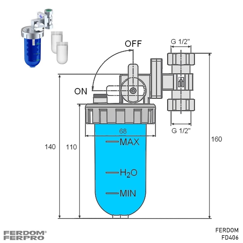 ZESTAW OCHRONY INSTALACJI FD444 FERDOM. 2 w 1. Filtr Wstępny, Osadowy Typu Spin-Down z Siatką Inox 40-60 μm (FD244) + Dozownik/Podajnik Proporcjonalny do Wody Wodociągowej, Dodatkowe Wkłady (FD406).