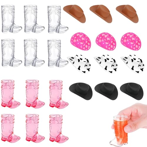 YouthLoxus Funny Cowboy Boot Shot Glasses Set of 24, Small Hot Pink Clear Wine Glasses, Durable Sturdy Mini Cowboy Hat for Theme Parties, Weddings