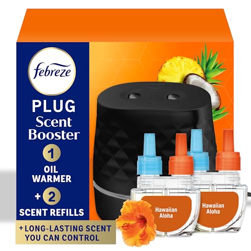 Febreze Plug Scent Booster Starter Kit Black Oil Diffuser Air Freshener Plug in Continuous Scent Device + 2 Hawaiian Aloha Refill