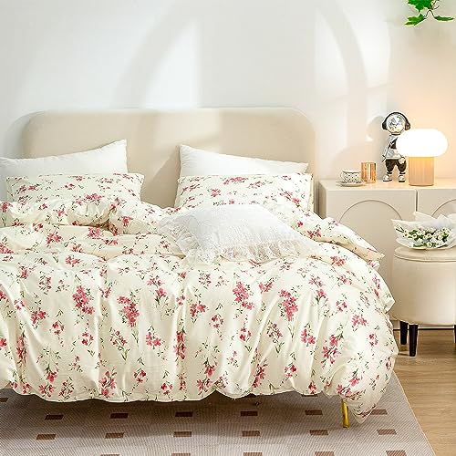 Floral Queen Duvet Cover, 100% Brushed Microfiber 3-Piece Queen Bedding Set, Red Floral Chic Garden Style Floral Print with Zipper Closure by CottonLife - Image 2