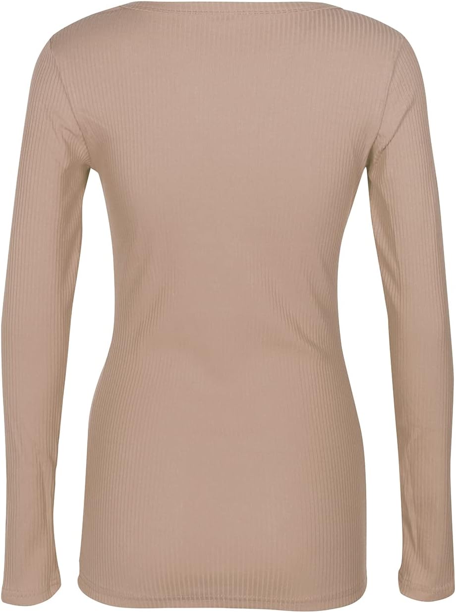 Roselux Women Long Sleeve Scoop Neck Ribbed Fitted Knit Shirt Basic T-Shirts - Image 4