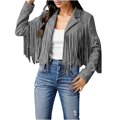 Veste en daim synthétique femme franges et pompons style motard décontracté veste courte