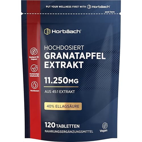Granatapfel Extrakt 11.250mg je tablette | 40% Ellagsäure (45:1 Extrakt) | 4 Monate Vorrat - 120 Vegane Tabletten | Hochdosiert | von Horbaach
