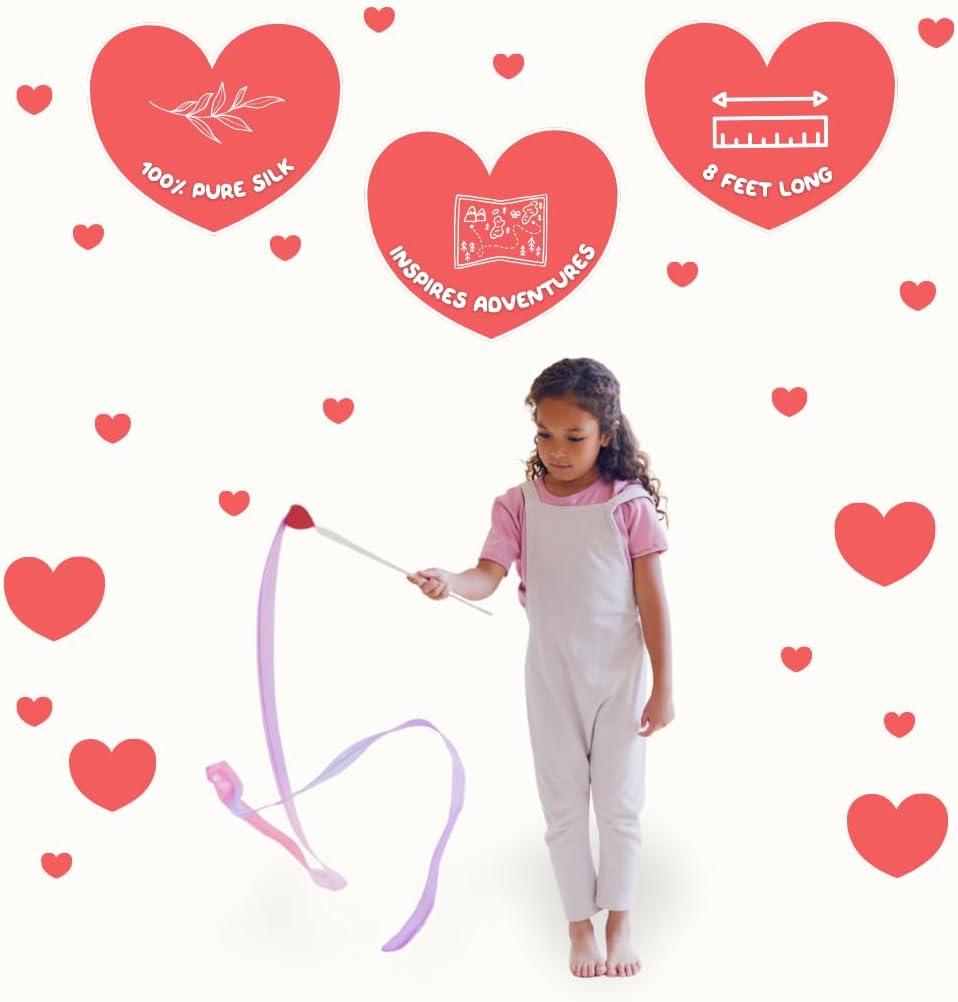 Sarah's Silks - Heart Silk Streamer, Baltic Birch Wood, 100% Real Silk, 8-Foot Long 1-Inch Wide Ribbon Dancer Wand