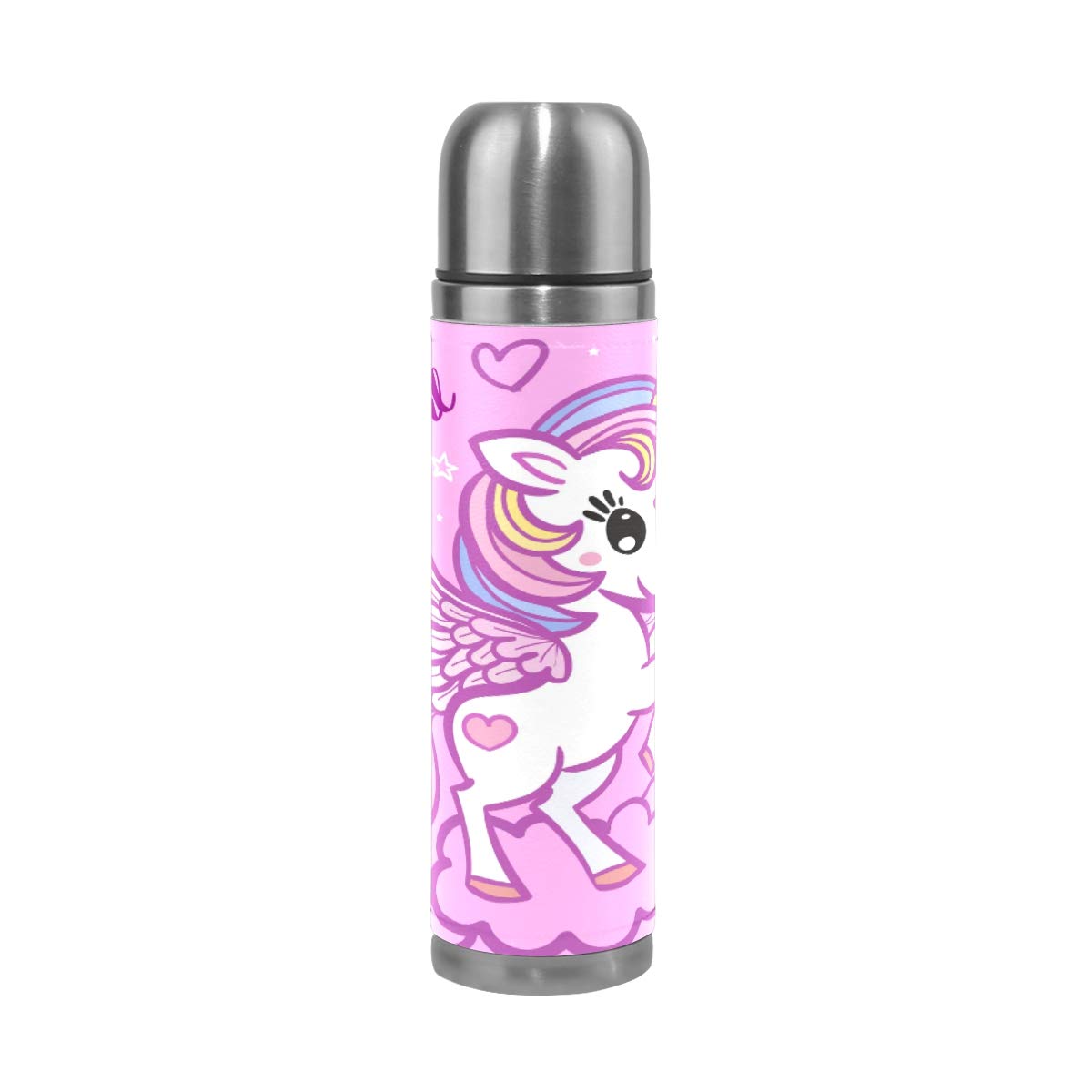 Taza de viaje aislada al vacío de acero inoxidable con doble pared a prueba de fugas, botella de taza con diseño de unicornio con estampado personalizado impreso en piel auténtica, 500 ml