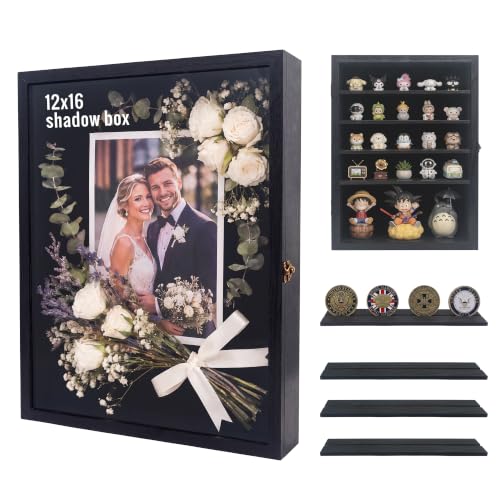 Image of GMFrames 12x16 Wooden Shadow Box Frame with Removable Shelves Deep Display Case for Military Medals Keepsakes Black