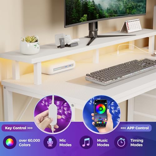 Image of DUMOS L Shaped Gaming Desk with Shelves Storage Drawers 52'', White Computer Desks with LED Lights Power Outlets, Office Wood Table with PC Stand Cable Management for Bedroom Dual Monitor Streaming
