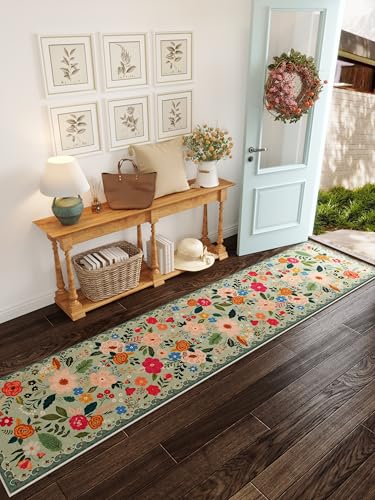 Runners for Hallways Kitchen Runner Rug Non Slip 2'x 10' Long Washable Rugs with Rubber Backing Soft Floral Carpet Runner for Hallways, Kitchen, Laundry, Bedroom, Bathroom(Green)