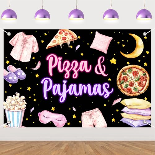 Toile de fond pizza et pyjama 2,1 x 1,5 m pour fournitures fête fille