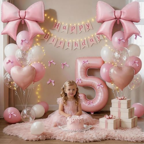 Image of 5th Birthday Decorations for Girl,Pink 5 Balloons for Party Decorations | 5 Year Old Birthday Decoration,Anniversary Party Decor,Pink White Balloons,Bow Print Balloons,Heart Balloons
