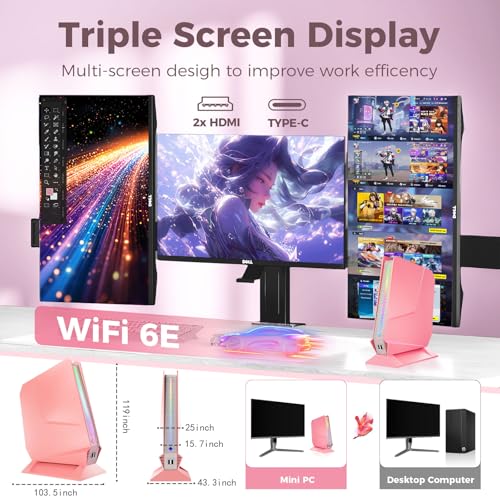Image of sinbun Mini Gaming PC, Intel Core i9-12900HK with RTX 3050Ti 8GB GDDR6 RGB Lights Gaming Computer, 32GB DDR4 1TB PCIe SSD, Triple 4K Display /WiFi 6E BT 5.3 /2.5G LAN /Win 11 Pro Desktop PC, Pink
