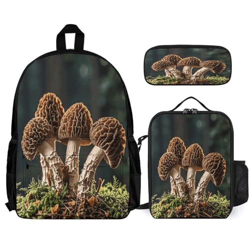 3-in-1 Backpack Combination Set Good Morels Print 3Pcs Backpack Sets Travel Daypack with Lunch Bag And Cosmetic Bag