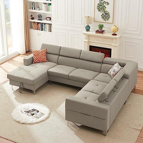 Merax U Shaped Sectional Sofa Couch, Left Storage Chaise/Head Adjustment/Linen Fabric, Smoke Wood #TOP6
