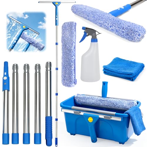Kit Nettoyage vitre Professionnel avec Seau de 16L, avec Manche de 2M, raclette Silicone, Chiffon Nettoyage Microfibre, Flacon pulvérisateur, Chiffon, kit de...