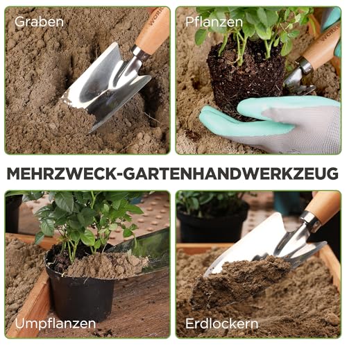 WORKPRO Gartenschaufel Klein 28 cm, Blumenkelle aus Hochwertigem, Dickwandigem Edelstahl mit Holzgriff, Robust und Langlebig, Pflanzschaufel zum Graben, Pflanzen und Umpflanzen