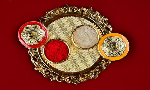 LUXCKY Golden Decorative Designer Roli Chawal/Rice Holder, Kumkum Haldi Holder Rakhi Pooja Thali Indian Festival Diwali Pujan Mandir Tika Roli Plate (Round Shape)