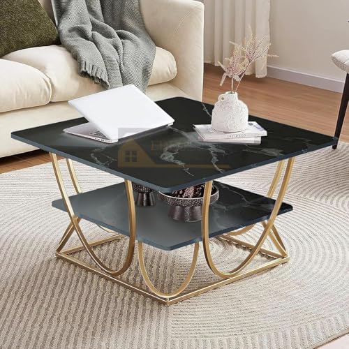 Image of EDEUEQUE Modern Center Table Coffee Table Sofa Side Table for Living Room Cocktail Table End Table with Storage Wooden Tabletop-Marble Print with Metal Frame (Golden and Black)