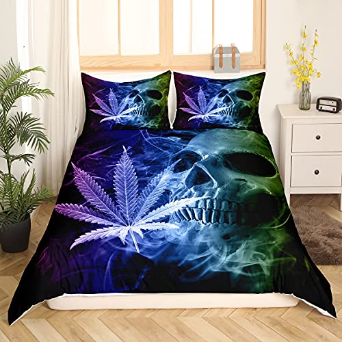 Cannabis Leaf Comforter Cover Set Boho Skull Skeleton Leaves Bedding Set For Kids Boys Girls Gothic Bones Decor Queen Duvet Cover Psychedelic Purple Blue Quilt Cover With 2 Pillowcases 3Pcs Bedding #TOP15