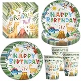PYAILI Set de 52 piezas tema dinosaurios Platos, vasos y servilletas para decoración de cumpleaños infantil con tema de dinosaurios, para 16 invitados