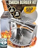 SMASHI® Smash Burger Kit Profesional Acero Inoxidable 304 Certificado EU Contacto Alimentos | Prensa Hamburguesas + Espátulas con Mango de Madera + Accesorios | Incluye 25 Recetas (BÁSICO)