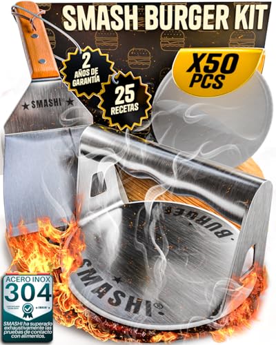 SMASHI® Smash Burger Kit Profesional Acero Inoxidable 304 Certificado EU Contacto Alimentos | Prensa Hamburguesas + Espátulas con Mango de Madera + Accesorios | Incluye 25 Recetas (BÁSICO)