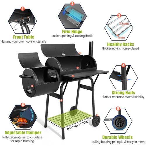 Image of HaSteeL Outdoor Charcoal Grill with Cover, Large Barrel BBQ Grill with Offset Smoker, Great for Camping Patio Backyard Garden Party Picnic Beach, Large 420.SQ.IN Cooking Area, 2 Screwdrivers - Black
