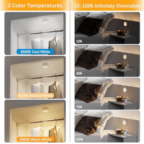 YLXS 10 Pack LED Puck Light with Remote, 3 Color Battery Operated Dimmable Push Tap Light, Portable Under Cabinet Lighting Stick On, for Closet Kitchen