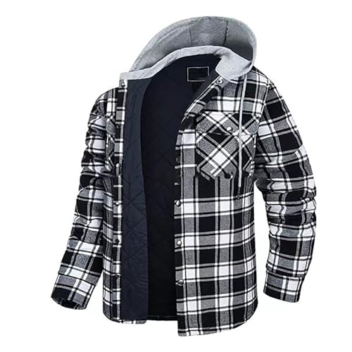FunAloe Men'S Thicken Plaid Hooded Flannel Shirt Men'S Jackets With Quilted Lined Winter Jackets For Men Outdoor Autumn Winter Outwear With Pockets Casual Warm Coat For Work Office