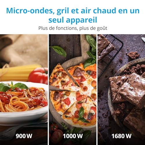 MEDION Micro-onde 3en1 avec gril et air chaud combiné (23L, 900W, 1000 W gril, 1680 W air chaud, 10 programmes automatiques, 5 niveaux de puissance, mode décongeler, design miroir, MD11493) noir – Image 6