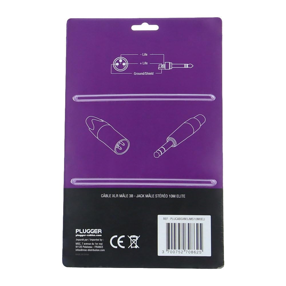 Plugger Elite Câble symétrique XLR mâle/Jack mâle stéréo TRS 6,35mm. Longueur 15m. Connecteurs Neutrik. Ampli, basse, guitare, haut-parleur, appareil DJ, synthé, carte son et autres. Qualité Pro