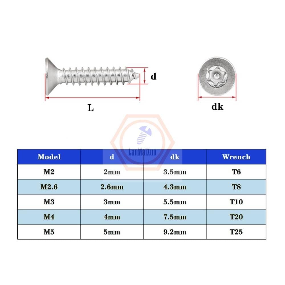 100pcs M3×15mm 304 Stainless Steel with Column countersunk Flat Head Torx Socket Anti-Theft Self-Tapping Screws