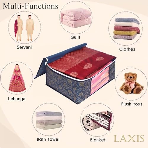 Image of LAXIS Saree Organiser for Wardrobe, Foldable Royal Print Saree Covers for Storage Set with Clear Window & Zipper, (Golden-Navy blue, Pack of 3)