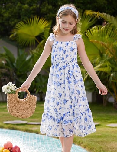 GRACE KARIN Girls Floral Dress Summer Backless Chiffon Sleeveless Casual Boho Maxi Dresses 5-14Y2