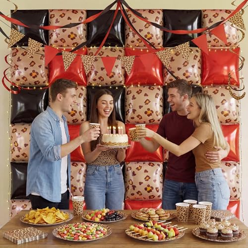 Image of Xqumoi Cheetah Print Square Foil Balloons Wall Backdrop - 36pcs Mixed Color Leopard Print Balloon Kit, Party Decor for Birthday, Bachelorette, Wild Theme Party Photo Booth Backdrop (Red & Black)
