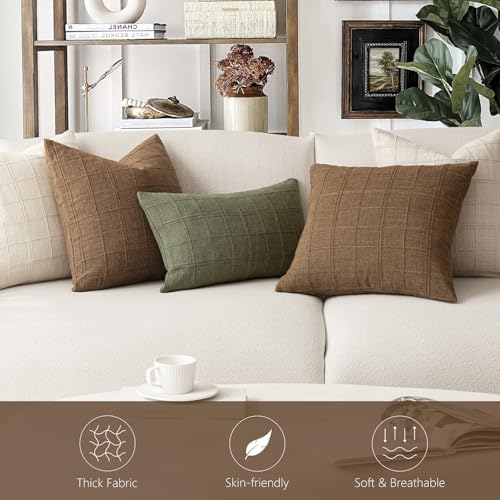 Image of Foindtower Set of 1 Decorative Linen Check Throw Pillow Cover Neutral Farmhouse Vintage Cushion Cover Modern Boho Home Decor for Sofa Chair Couch Bedroom Living Room,20x20 Inch,Brown Hazel