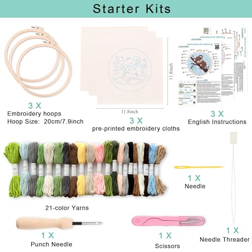 Image of REEWISLY Punch Needle Embroidery Starter Kits for Beginners Flower and Grass Patterns.3Ps Embroidery Hoops,Color Threads,Instructions and Needles,DIY Adults Embroidery, Video Teaching