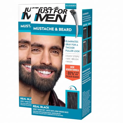 Just For Men Mustache & Beard, Beard Dye for Men with Brush Included, With Keratin Biotin Aloe and Coconut Oil for Healthy Facial Hair - Real Black, M-55, Pack...