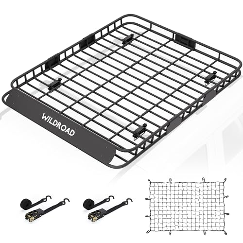 Image of WILDROAD Rooftop Cargo Carrier Combo Roof Rack Cargo Basket 64 inch x 50 inch x 4 inch | with Cargo Net, Ratchet Straps, Anti-Rust Sealant, 150 Lbs Capacity, for SUV Truck, Heavy Duty, Large Capacity