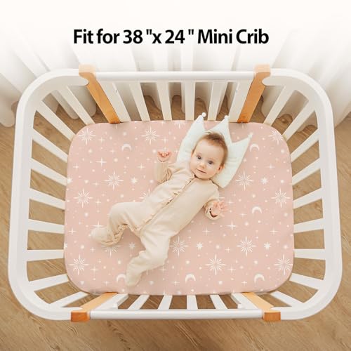 Baby Mini Crib Sheets Girl, Portable 38”x26” Pack and Play Sheets Fitted for Playard and Pack N Play Mattress, 3-Pack Soft Microfiber Pink Stars