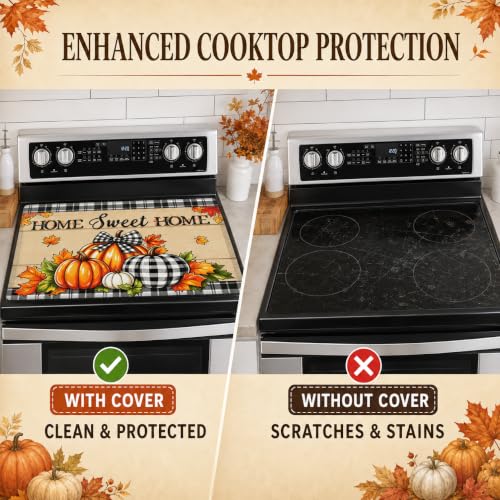 Image of Fall Pumpkin Stove Top Cover for Electric Glass Cooktop 28.5 x 20.5 Inch | Soft printed surface with a 3 mm non-slip rubber base, stitched edges, 2 hanging loops and 2 hooks included